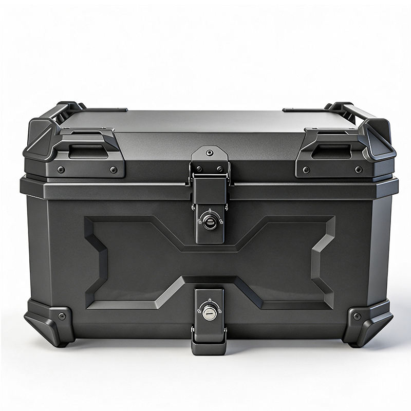 Top case moto noir, vue de face